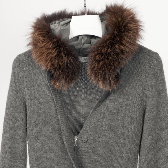 Brunello Cucinelli Grey Cashmere Fur-Trim-Hood Zip Cardigan - Picture 3 of 11